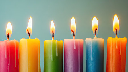 Close-up of bright colorful candles with small flames isolated on minimal background, symbolizing cheer and celebrationの素材