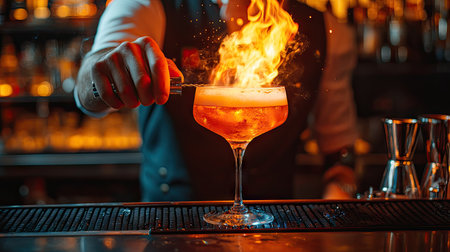 Close-up of bartender igniting a cocktail, flames dancing above the glass, representing creativity, luxury nightlife, and mixology artの素材