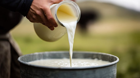 Close-up of hand pouring goat milk from jug into bucket, showing creamy texture, farm environment, and sustainable dairy practiceの素材