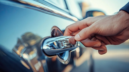 Close-up of fingers pulling a car door handle on a luxury vehicle, highlighting metallic texture and modern design for automotive and transportation imageryの素材