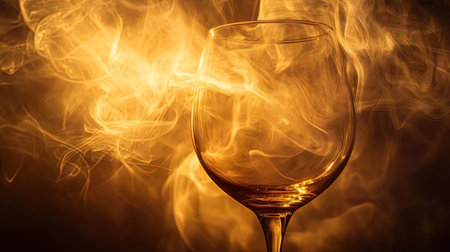 Close-up of smoke swirling out of a wine glass, highlighted by warm golden light, blending art and elegance in a creative compositionの素材