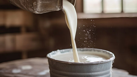 Fresh goat milk being poured into a bucket on wooden table, emphasizing farm freshness, organic lifestyle, and dairy productsの素材