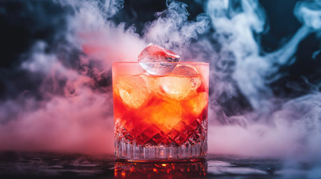 Cocktail drink with dramatic splash as ice drops in, surrounded by cold smoky vapor, symbolizing freshness, energy, and bar entertainmentの素材