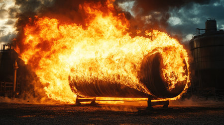 Dramatic fire engulfing a leaking gas tank, bright orange flames and thick smoke with high-risk hazard atmosphereの素材