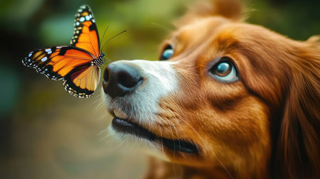 Close-up portrait of a dog staring cross-eyed at a colorful butterfly perched on its nose, capturing a playful and heartwarming wildlife momentの素材