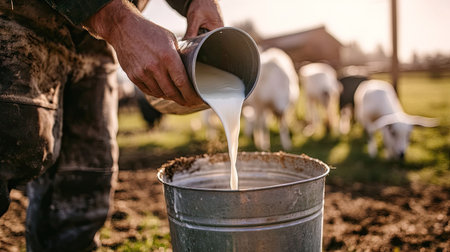 Farmer pouring fresh goat milk into metal bucket on farm, highlighting rural life, dairy production, and natural farmingの素材