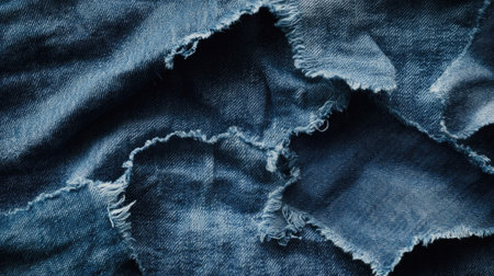 Detailed macro shot of ripped denim cloth with frayed edges, highlighting fabric texture and rugged imperfection for fashion and textile backgroundsの素材