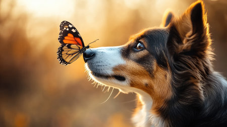 Curious dog looking at a butterfly resting on its nose, captured in a close-up with blurred natural background, symbolizing harmony with natureの素材