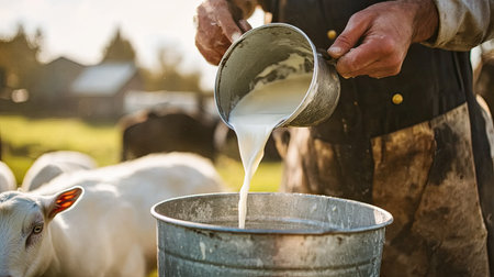 Farmer pouring fresh goat milk into metal bucket on farm, highlighting rural life, dairy production, and natural farmingの素材