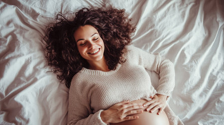 Expectant mother lying on bed smiling with her hands on belly, symbolizing relaxation, tenderness, and motherhood joyの素材