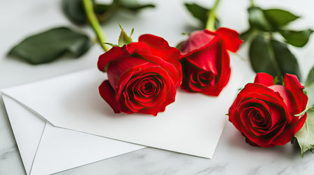 Fresh red roses elegantly placed on a plain white envelope, symbolizing love, romance, and heartfelt messages, captured on a clean minimal backgroundの素材