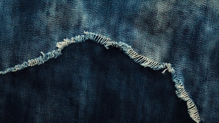 Extreme close-up of distressed denim cloth with large tear, highlighting fiber detail and faded texture for use in fashion or grunge backgroundsの素材