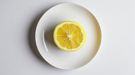 Fresh lemon centered on white minimalist plate, photographed in studio lighting for modern, clean, and simple food conceptの素材