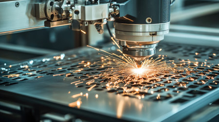 Fiber laser cutting stainless steel plate in industrial setting, bright sparks visible, symbolizing high-tech manufacturing and precision engineeringの素材
