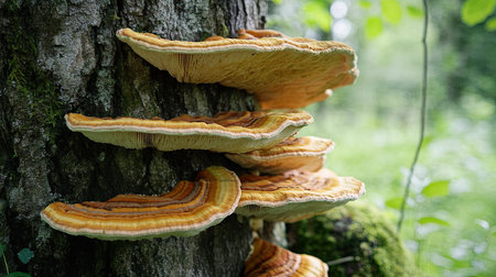 Forest tree covered in large bracket fungi, representing natural cycles, growth, and untamed woodland beautyの素材