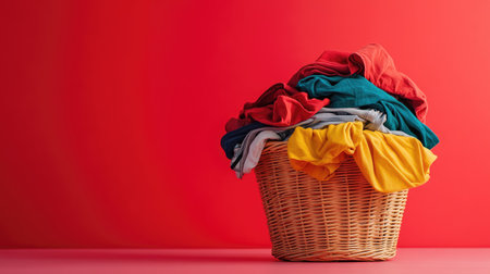 Full laundry basket with folded and crumpled clothes spilling over, set on a bold red background, representing busy home life and laundry day routineの素材