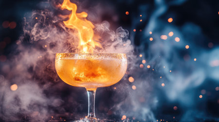 Exotic cocktail drink with fire flame on top, surrounded by smoke and sparks, symbolizing luxury lifestyle, nightlife, and bar performanceの素材