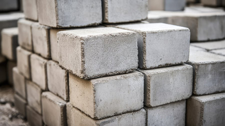 Gray cement blocks piled outdoors, ready for wall construction, captured from low angle to emphasize scale, ideal for building, masonry, and infrastructure conceptsの素材
