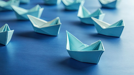 Group of folded paper boats in different sizes arranged on a smooth surface, representing leadership and directionの素材