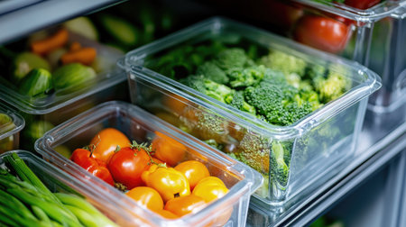 Healthy lifestyle concept with transparent glass boxes storing mixed vegetables in a refrigerator, showing clean and eco-friendly storageの素材