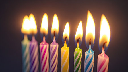 Group of burning birthday candles in assorted colors with glowing flames on plain backdrop, representing festivity and joyの素材