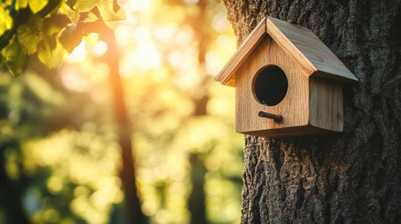 Handmade wooden birdhouse with slanted roof attached to a tree trunk, bathed in soft sunlight, representing eco-friendly backyard and wildlife shelterの素材