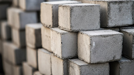 Gray cement blocks piled outdoors, ready for wall construction, captured from low angle to emphasize scale, ideal for building, masonry, and infrastructure conceptsの素材
