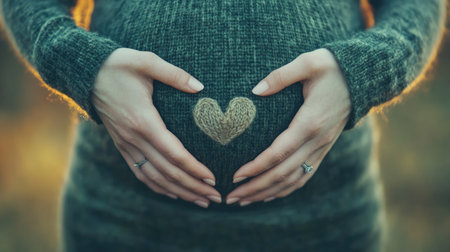 Hands of pregnant woman gently cradling belly close-up, symbolizing care, protection, and nurturing love for unborn childの素材