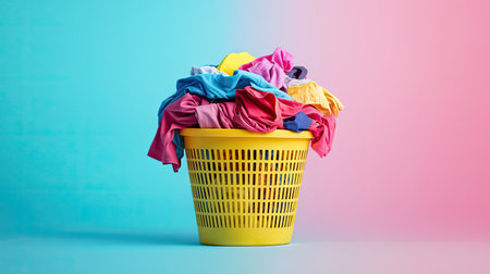 Laundry basket overflowing with mixed garments, standing on a bright pastel gradient background, conveying modern home chores and everyday livingの素材