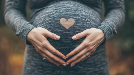 Hands of pregnant woman gently cradling belly close-up, symbolizing care, protection, and nurturing love for unborn childの素材