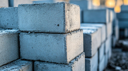 Neatly stacked gray cement blocks on a construction site, ready for building walls, symbolizing construction materials, industry, and home developmentの素材