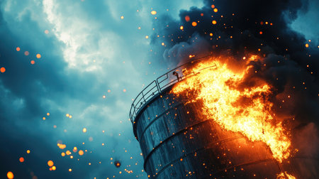 Industrial gas tank with visible leak catching fire, sparks and smoke filling the air, safety hazard conceptの素材