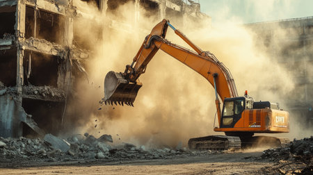 Hydraulic excavator tearing down an old concrete building, dust and debris filling the air, symbolizing urban demolition and constructionの素材