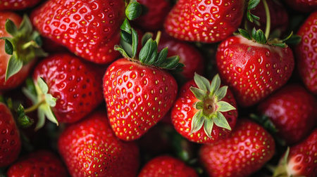 Juicy ripe strawberries in full frame, highlighting natural texture, glossy skin, and rich red tones, perfect for organic food and summer fruit backgroundsの素材