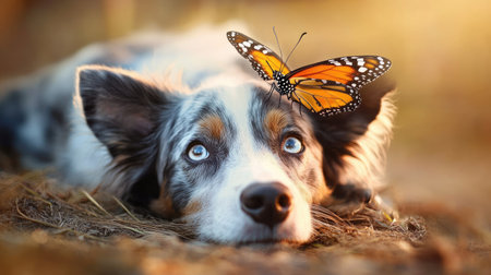 Happy dog lying on the ground with a butterfly balancing on its nose, creating a charming and whimsical moment of interspecies friendshipの素材