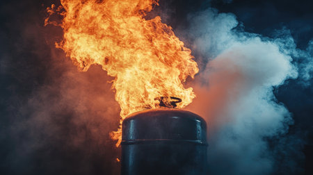 Leaking gas tank with intense flames and smoke, photographed in low light to emphasize fire and dangerの素材
