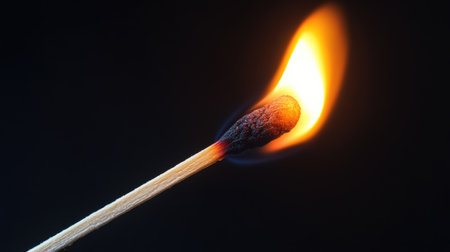 Macro view of lit matchstick with vivid flame isolated on black background, symbolizing ignition, power, and creationの素材