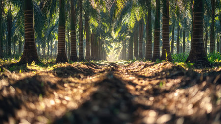 Palm oil tree trunks with shadows on the ground, captured in bright daylight, representing tropical agriculture, plantation work, and sustainable farmingの素材