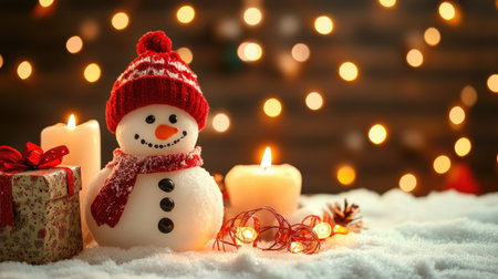 Happy snowman decoration on snowy table, with Christmas candles, gift wrapping ribbons, and warm glowing fairy lights in backgroundの素材
