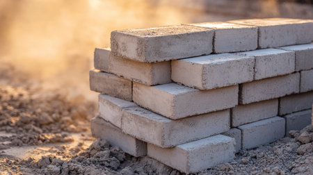 Neatly organized stack of cement blocks on a dusty site, symbolizing preparation for construction, building materials, and industrial workの素材