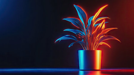 Minimal plant in glowing neon orange and blue lights, isolated on dark surface, representing futuristic decor and contemporary designの素材