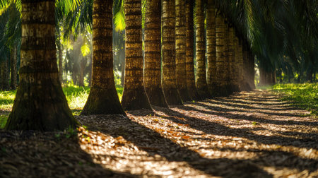 Palm oil tree trunks with shadows on the ground, captured in bright daylight, representing tropical agriculture, plantation work, and sustainable farmingの素材