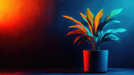 Minimal plant in glowing neon orange and blue lights, isolated on dark surface, representing futuristic decor and contemporary designの素材