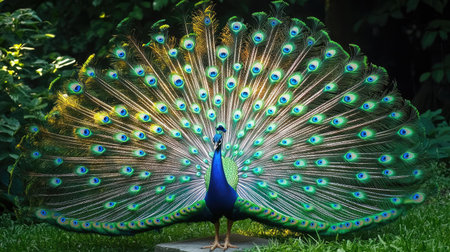 Peacock in a garden spreading its iridescent tail feathers, performing courtship display, with natural greenery creating a vivid wildlife backgroundの素材