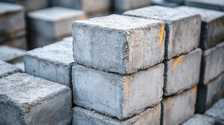 Large stack of gray cement blocks in outdoor construction area, captured in soft daylight, symbolizing home building, renovation, and masonry workの素材
