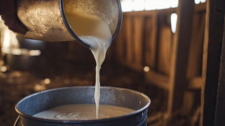 Pouring goat milk from pitcher into bucket in barn setting, capturing farm authenticity, fresh produce, and everyday dairy routineの素材
