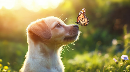 Puppy outdoors with a butterfly perched on its nose tip, surrounded by soft sunlight and green meadow, symbolizing innocence and beauty of lifeの素材
