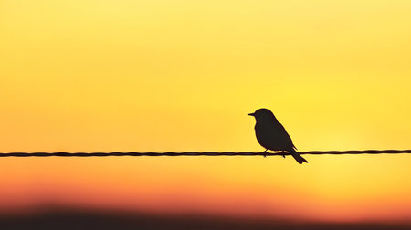 Small bird silhouette on wire against sunrise sky, showcasing peaceful morning scene and minimalist nature photographyの素材