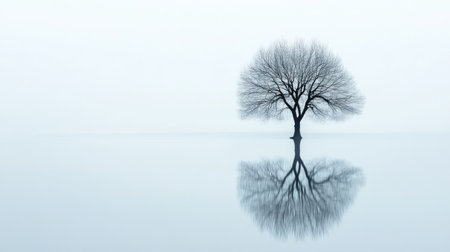Minimalist perspective of a lone tree in reflective water, emphasizing isolation, tranquility, and natural symmetryの素材