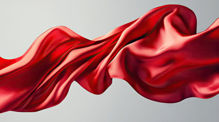 Luxurious red satin fabric floating in wind with natural folds, set against clean light background for fashion and design conceptsの素材